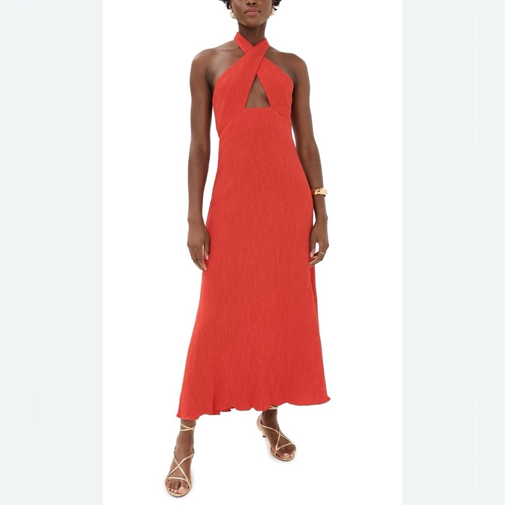 $1250 NWT Johanna Ortiz Runway 100% Silk Red Heart Cutout Halter Maxi Dress - Picture 8 of 16